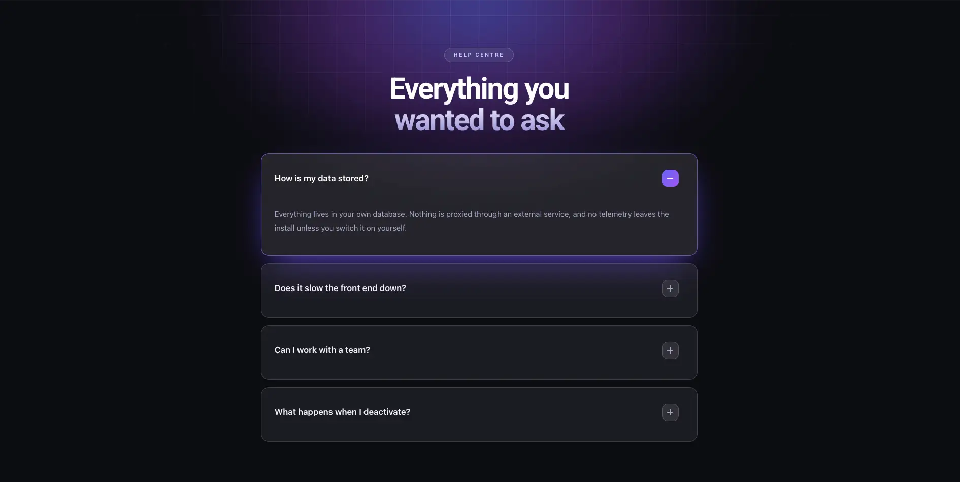 Dark Elementor FAQ Akkordeon-Abschnittsvorlage mit violettem Glühhintergrund