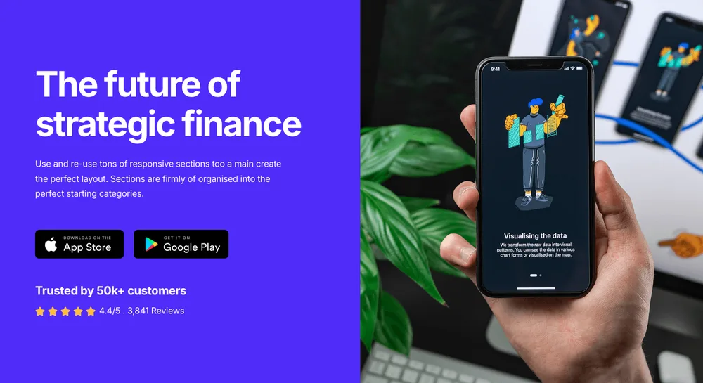 Elementor-App lädt CTA-Abschnittsvorlage mit App-Store-Abzeichen und Telefon-Mockup herunter