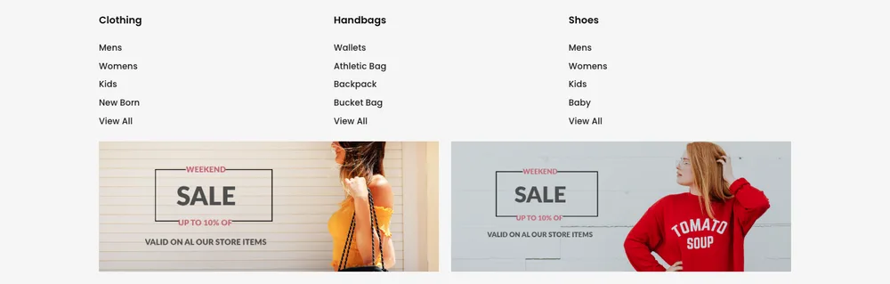 Elementor Mega Menüvorlage für ein Modegeschäft mit Sale Bannern