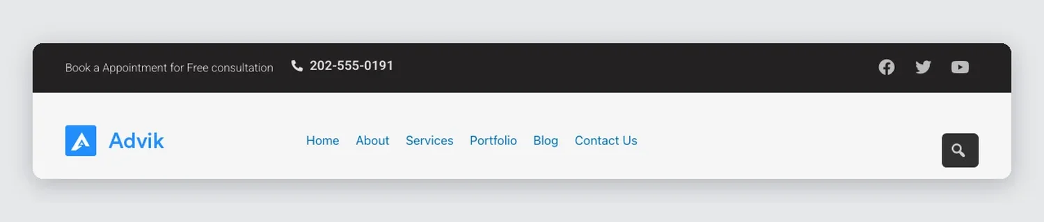 Dark Top Bar Shop Header template, full page