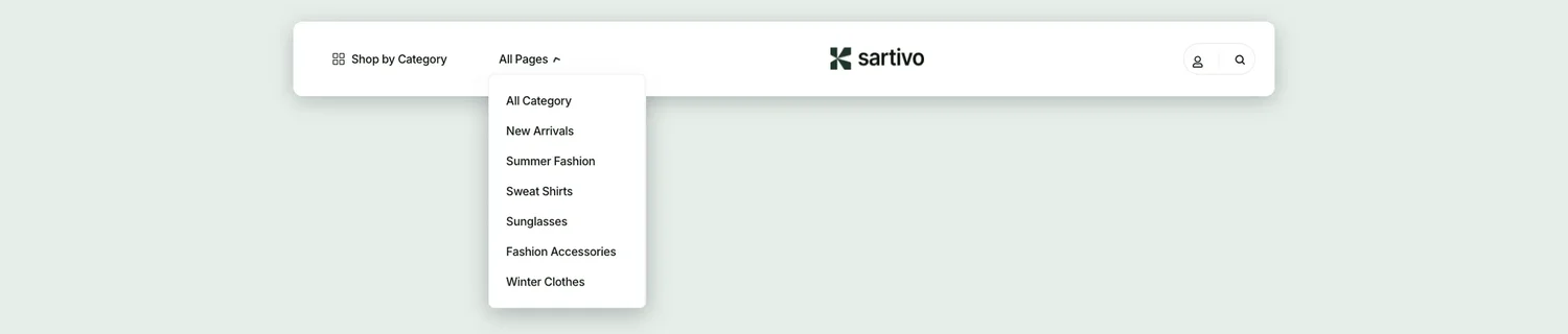Sartivo modebutik Elementor header skabelon med Alle sider dropdown åbne, konto og søge ikoner