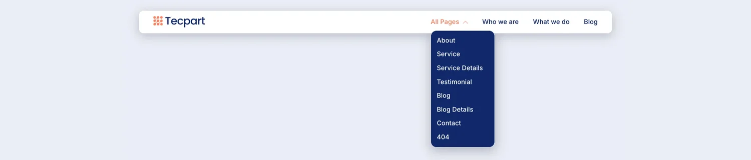 Tecpart IT-virksomhed Elementor header skabelon med Alle sider rullemenuen åben