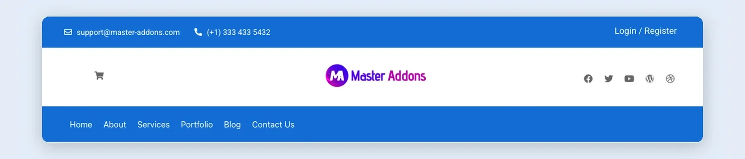 Tre-rækket Elementor header skabelon med en kontaktlinje, centreret logo og en fuld bredde blå menu