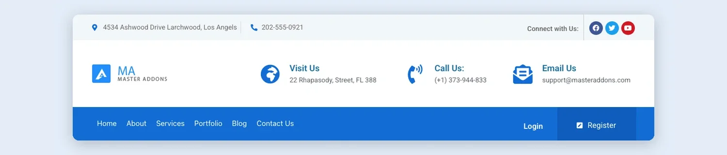 Elementor header skabelon med Besøg os, Ring til os og e-mail os blokke og et login og registrere menulinje