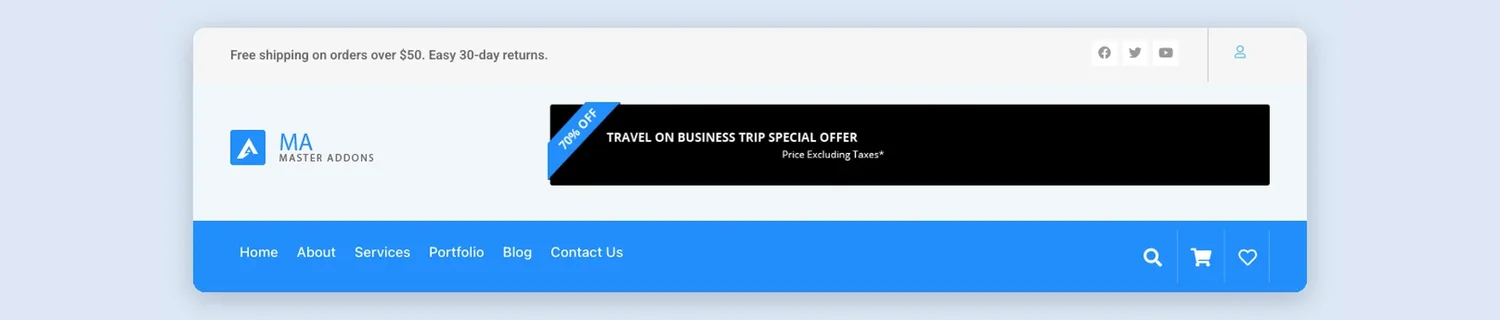 Promo banner butik Elementor header skabelon med en gratis forsendelse top bar, 70% rabat på tilbud banner, og søg, vogn og ønskeliste ikoner