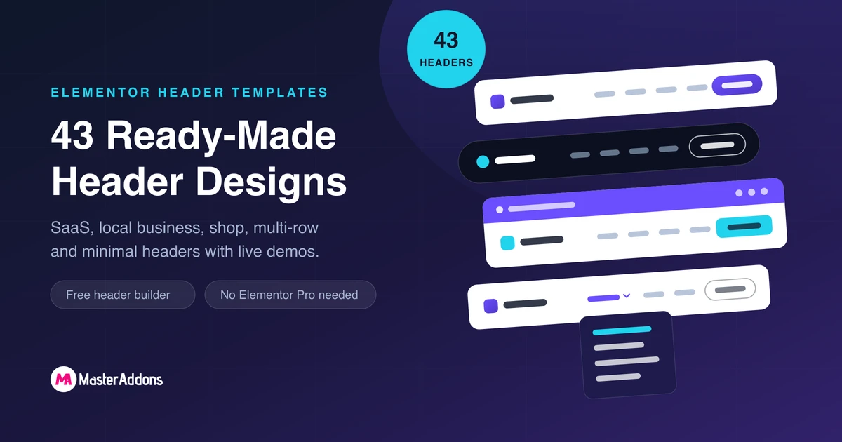Elementor header templates from Master Addons: 43 ready-made header designs, shown as a stack of website headers with one dropdown menu open