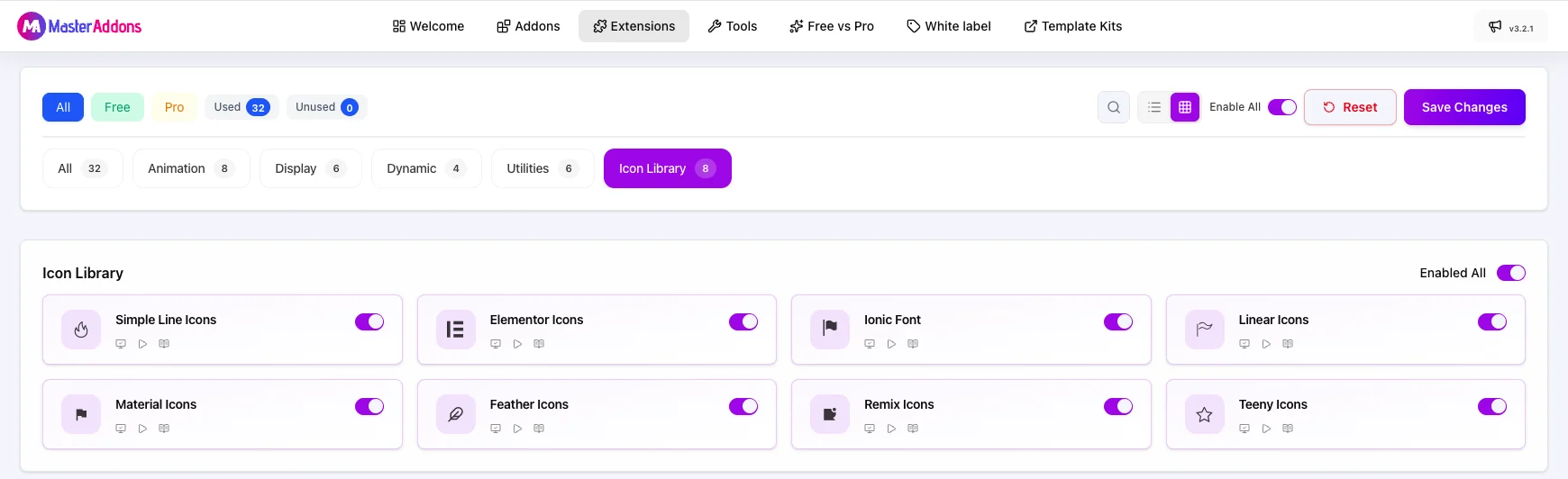 Master Addons Extensions tab filtered to Icon Library, showing switches for all eight icon packs