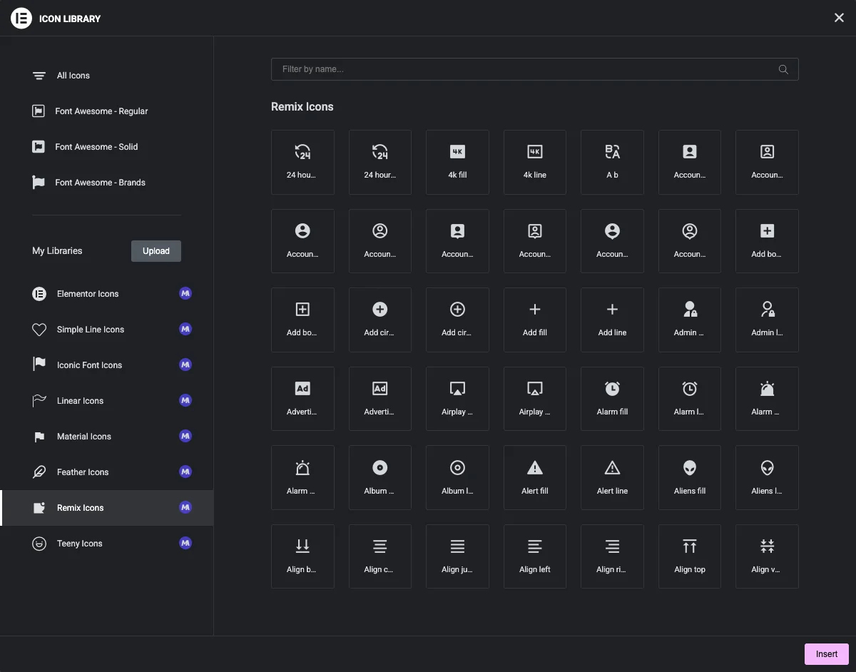 Elementor Icon Library popup showing the eight Master Addons packs under My Libraries, with Remix Icons open
