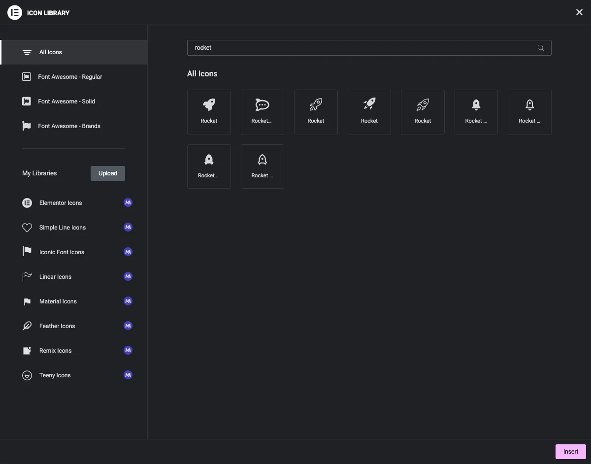 Search results for rocket in the All Icons view, with matches from several icon packs
