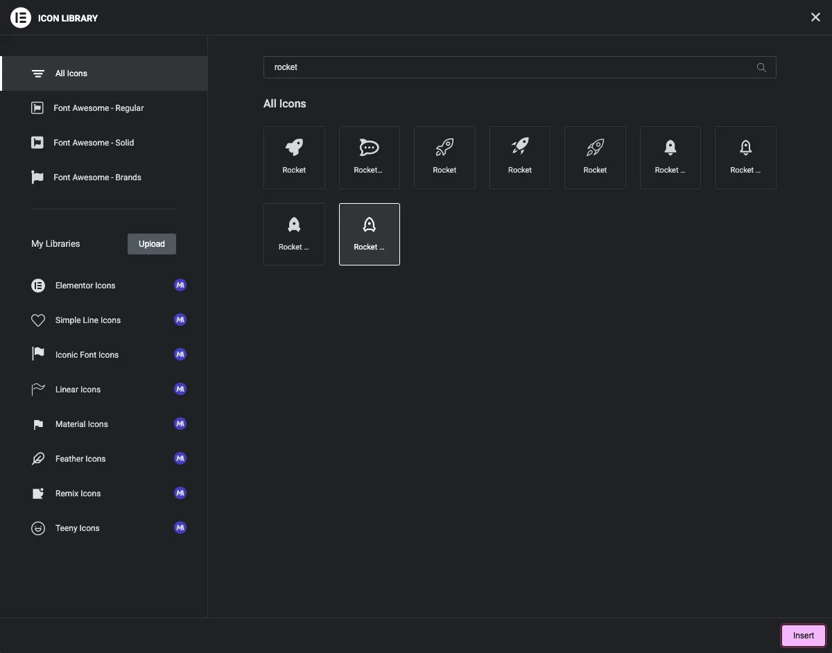 A Remix rocket icon selected in the Icon Library popup with the Insert button highlighted