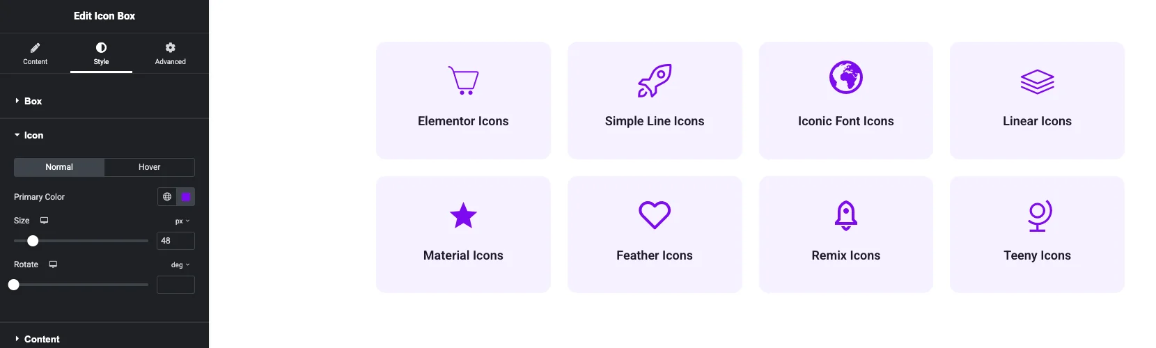 Icon Box Style tab with the Icon section open next to icon boxes that use each of the eight packs