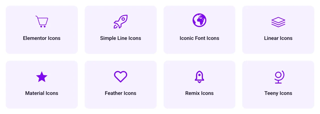 Eight icon boxes, one icon from each pack: Elementor Icons, Simple Line Icons, Iconic Font Icons, Linear Icons, Material Icons, Feather Icons, Remix Icons and Teeny Icons