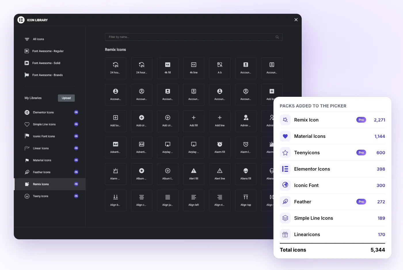 Elementor Icon Library popup with the eight Master Addons icon packs listed under My Libraries, next to a card showing the icon count for each pack