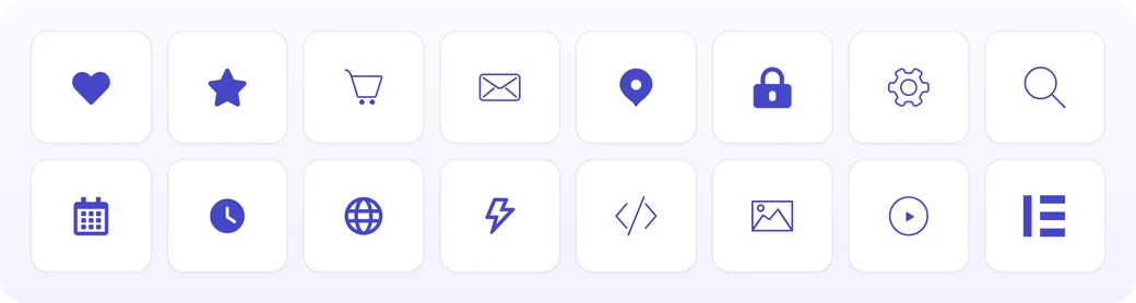 Sixteen sample icons from Elementor Icons (eicons), including heart, cart, code and the Elementor logo