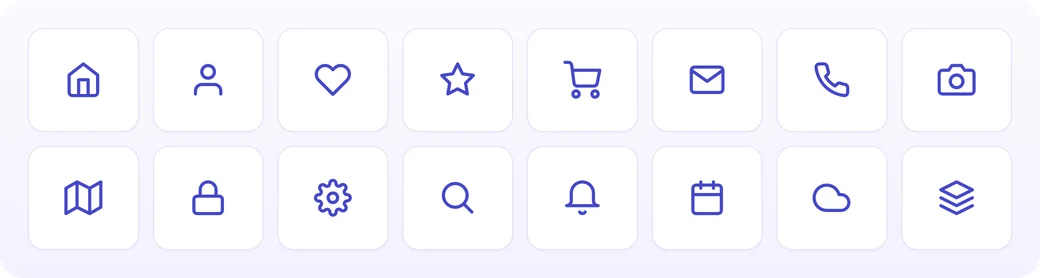 Sixteen sample icons from Feather Icons, including home, camera, map and layers