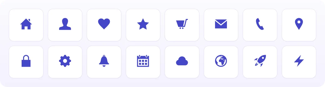 Sixteen sample icons from iconmonstr's Iconic Font, including home, user, rocket and globe