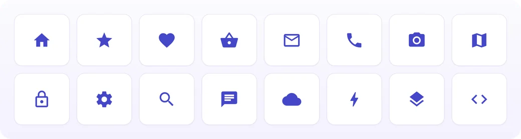 Sixteen sample icons from Google Material Icons, including home, star, cloud and settings