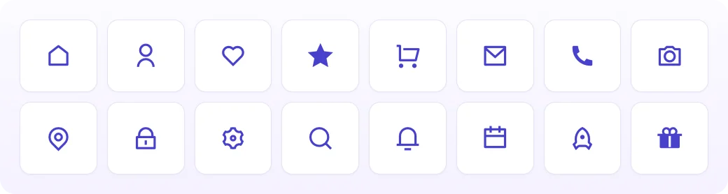 Sixteen sample icons from the Remix Icon pack, including home, user, heart and shopping cart