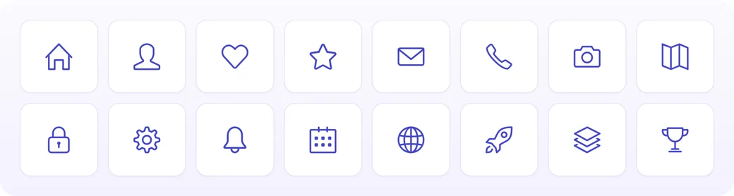 Sixteen sample icons from Simple Line Icons, including home, user, rocket and trophy