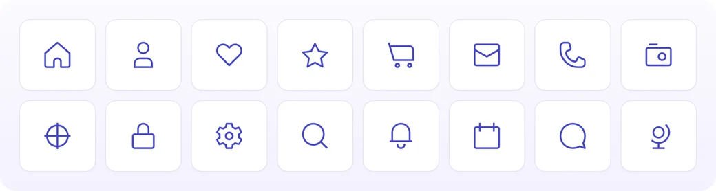 Sixteen sample icons from the Teenyicons pack, including home, cart, bell and globe