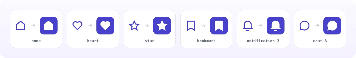 Six Remix Icon shapes shown as line and fill pairs: home, heart, star, bookmark, notification and chat