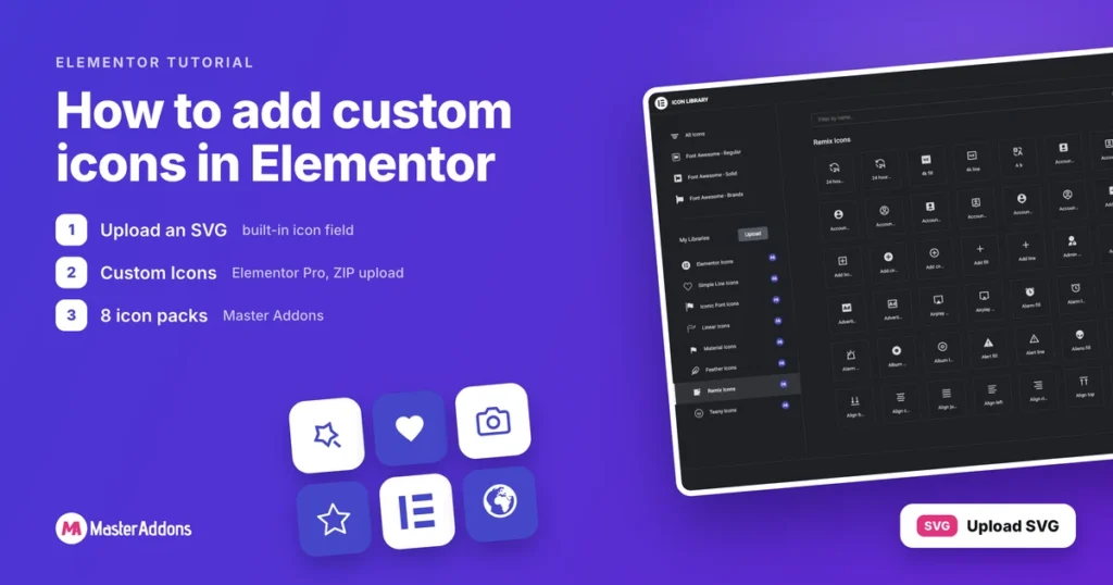 How to add custom icons in Elementor: upload an SVG, Elementor Pro Custom Icons, or 8 Master Addons icon packs shown in the Elementor icon picker