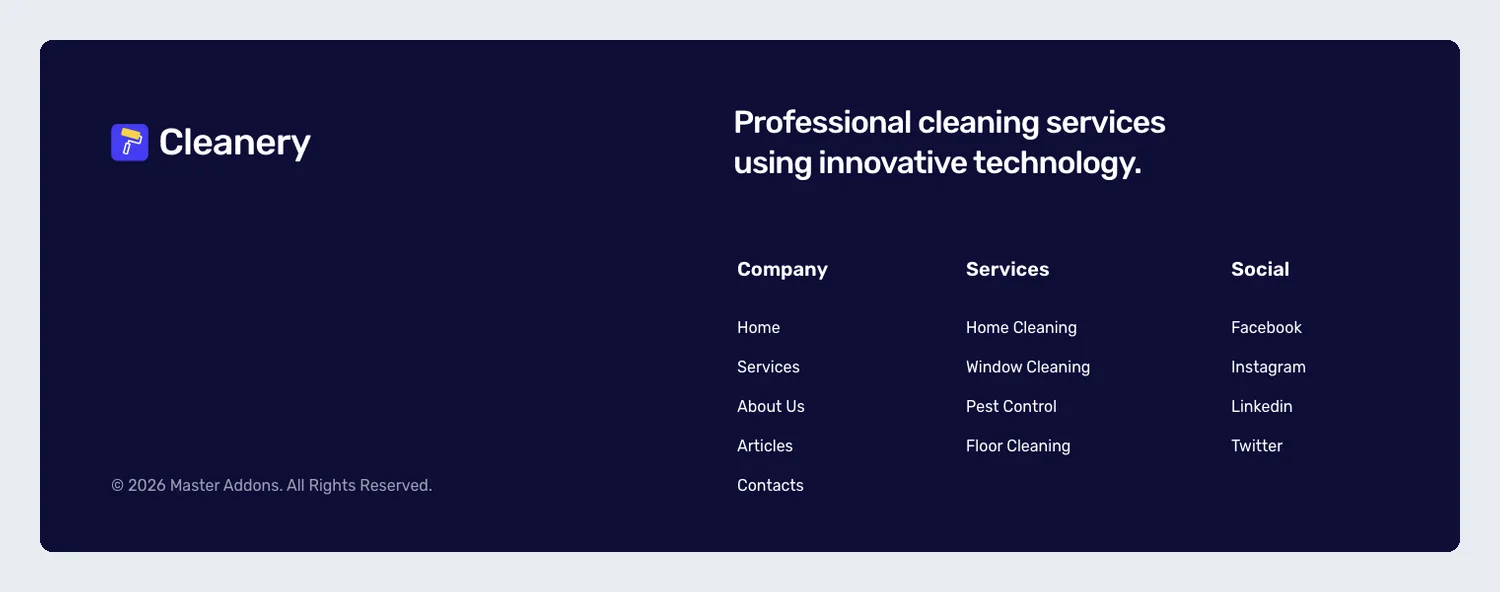 Cleanery cleaning service Elementor footer template with a tagline and company, services and social links on deep blue