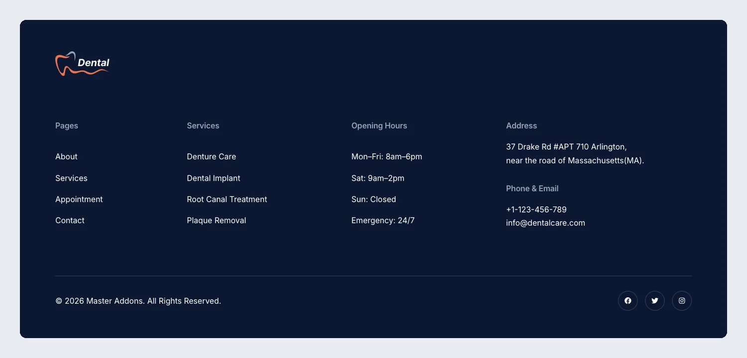 Dental clinic Elementor footer template with services, opening hours, address and phone on navy