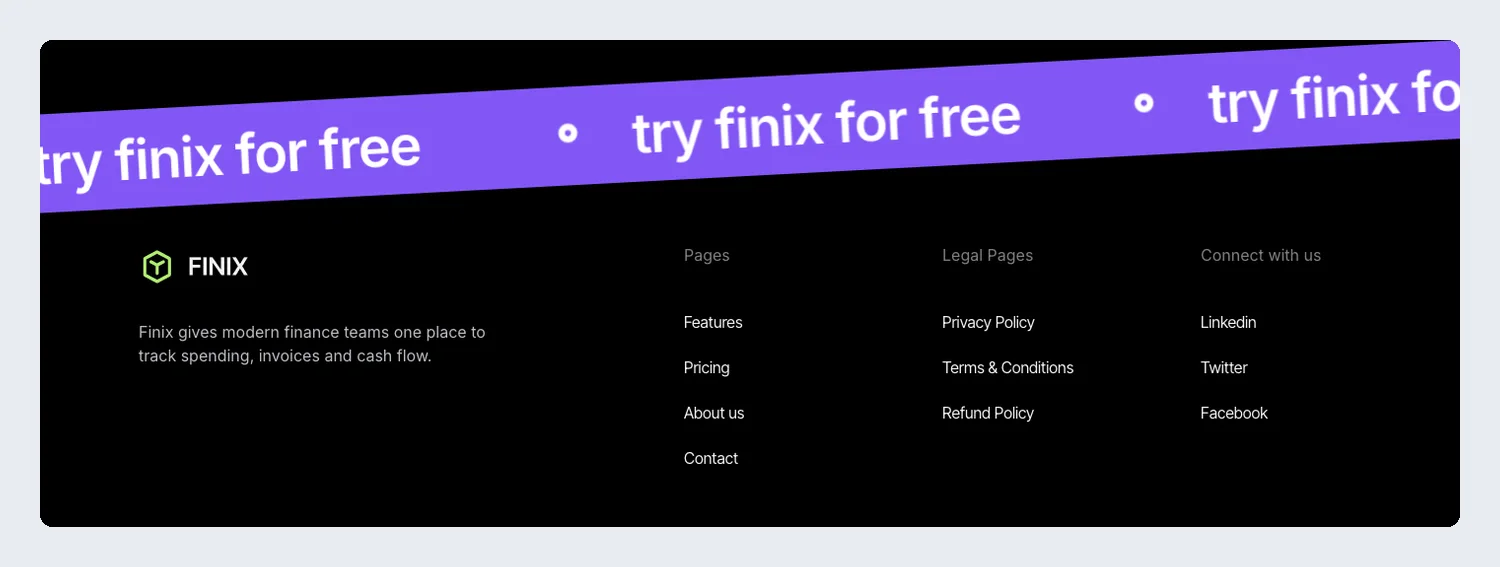 Finix SaaS Elementor footer template with a tilted purple promo band above a black four-column footer