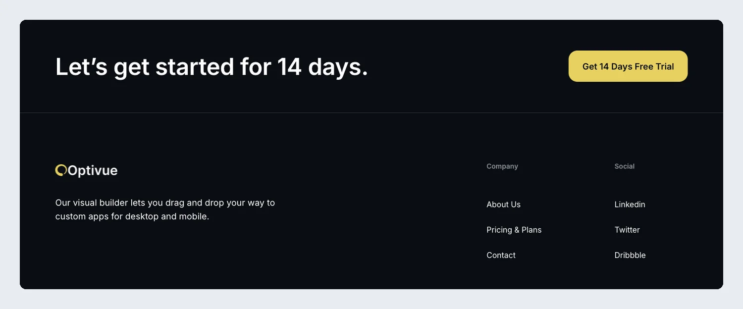 Optivue SaaS Elementor footer template with a 14-day free trial call to action above company and social links