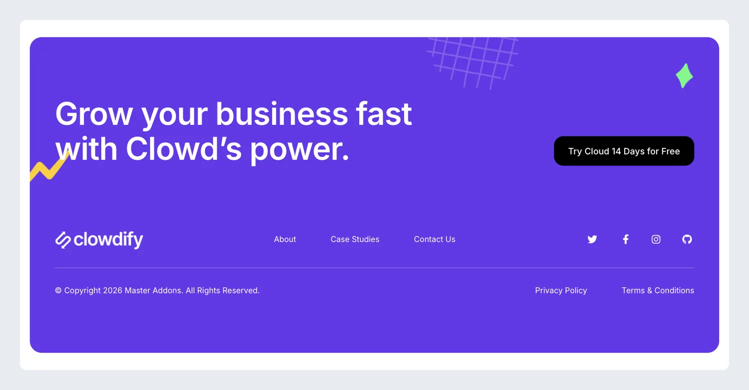 Clowdify Elementor footer template with a rounded purple card, a large headline and a Try Cloud for Free button