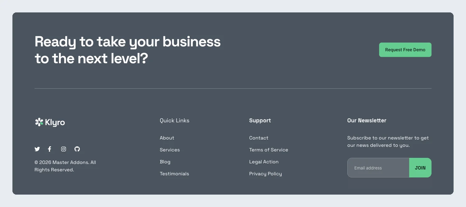 Klyro tech Elementor footer template with a Request Free Demo button, link columns and a newsletter signup