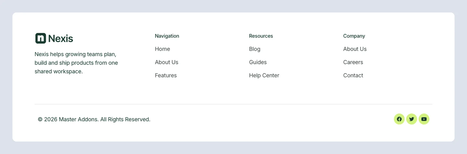 Nexis SaaS Elementor footer template with a short brand intro, three link columns and social icons