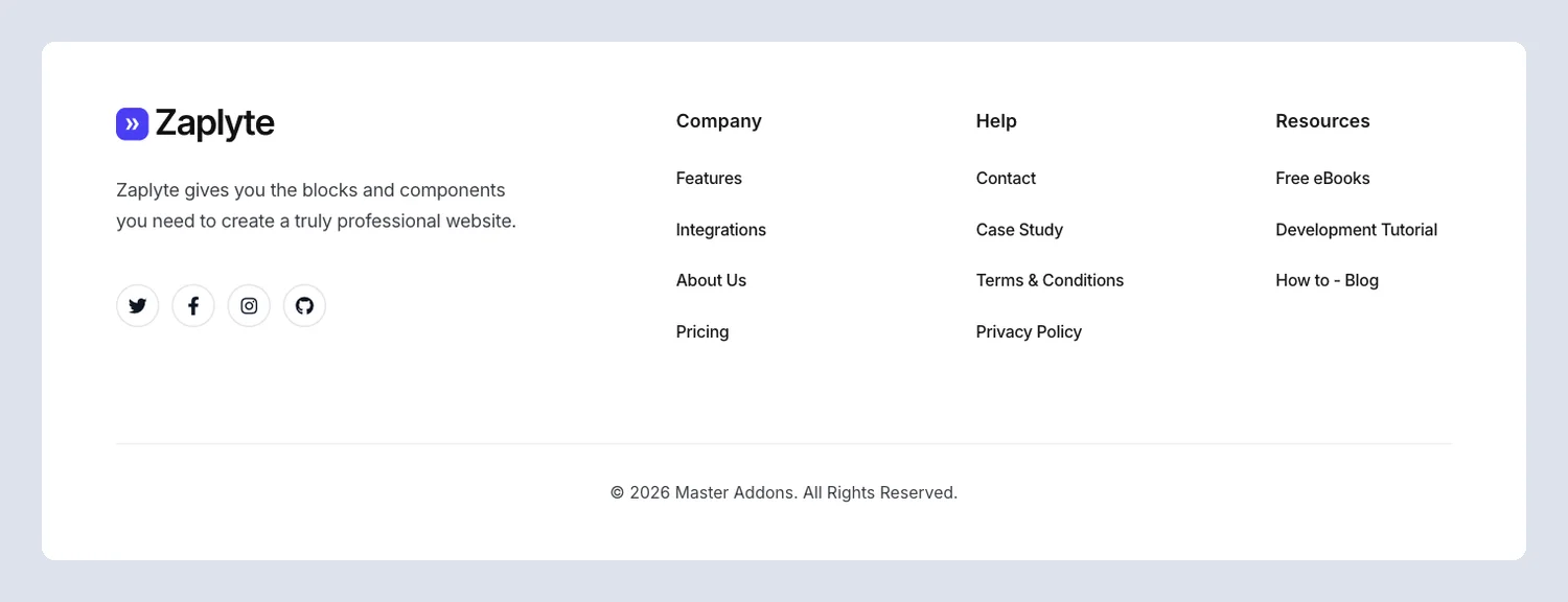 Zaplyte SaaS Elementor footer template with social icons and company, help and resources link columns