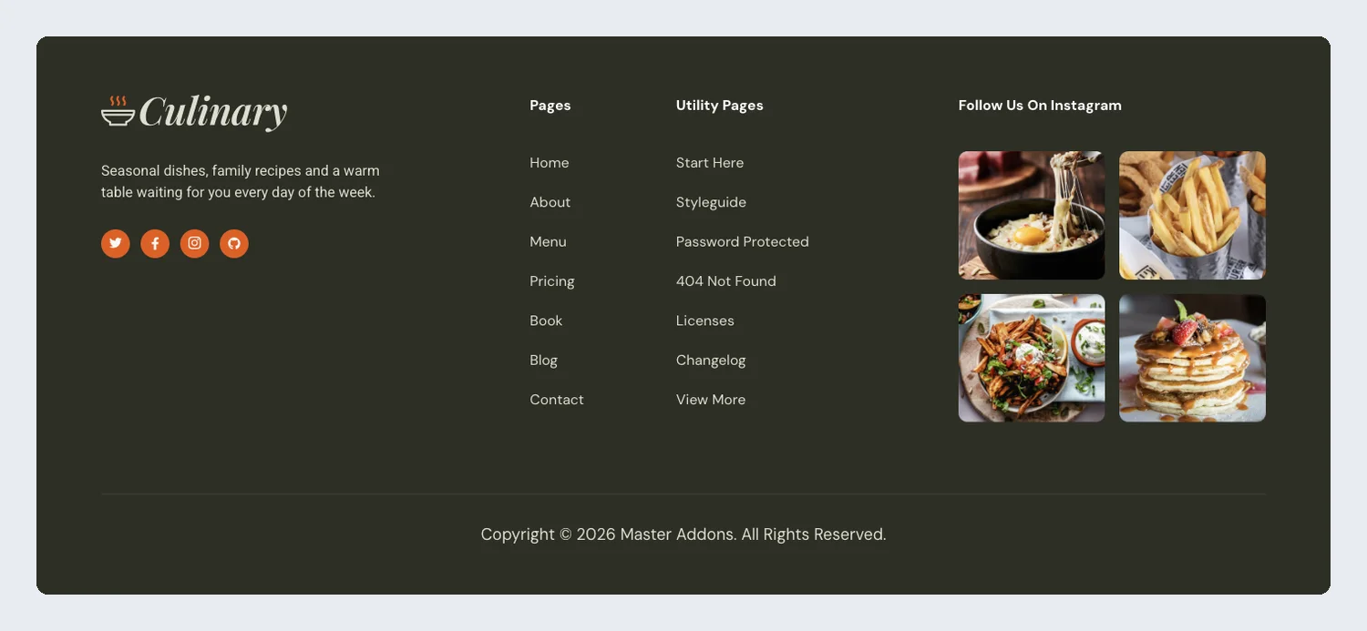 Culinary restaurant Elementor footer template with page links and a four-photo Instagram grid