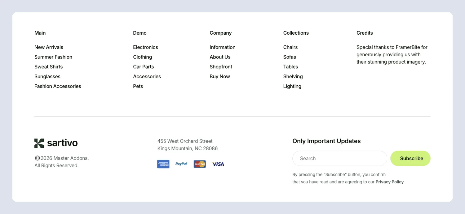 Sartivo fashion store Elementor footer template with five link columns, payment icons and a newsletter form