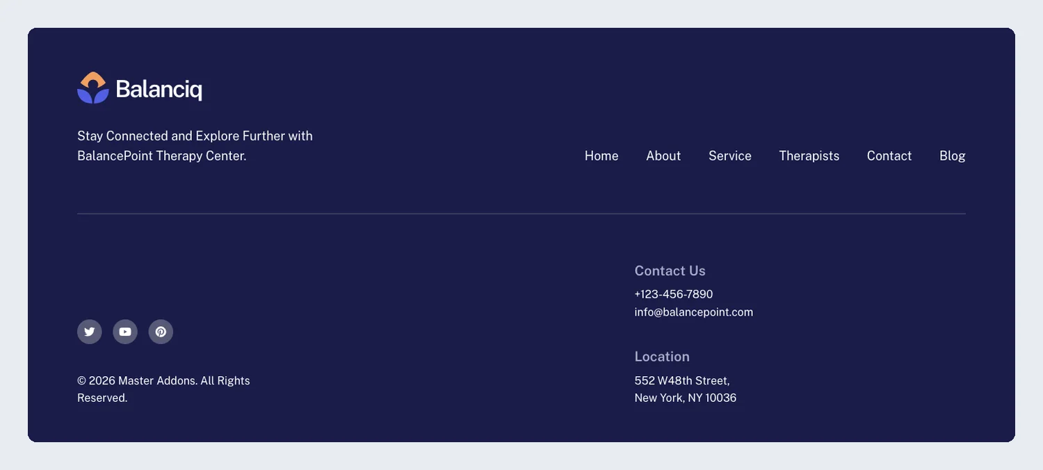 Balanciq therapy clinic Elementor footer template with a menu row, contact details and location on navy