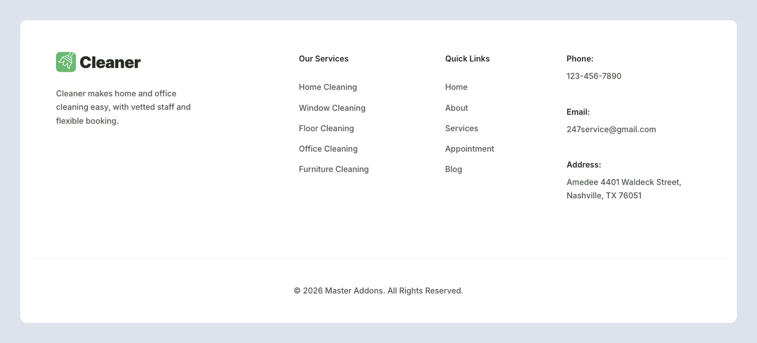 Cleaner cleaning service Elementor footer template with services, quick links, phone, email and address