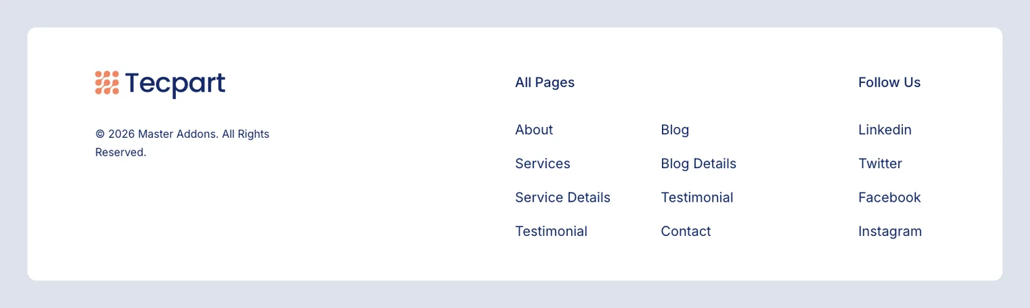 Tecpart IT company Elementor footer template with a two-column page list and follow us links