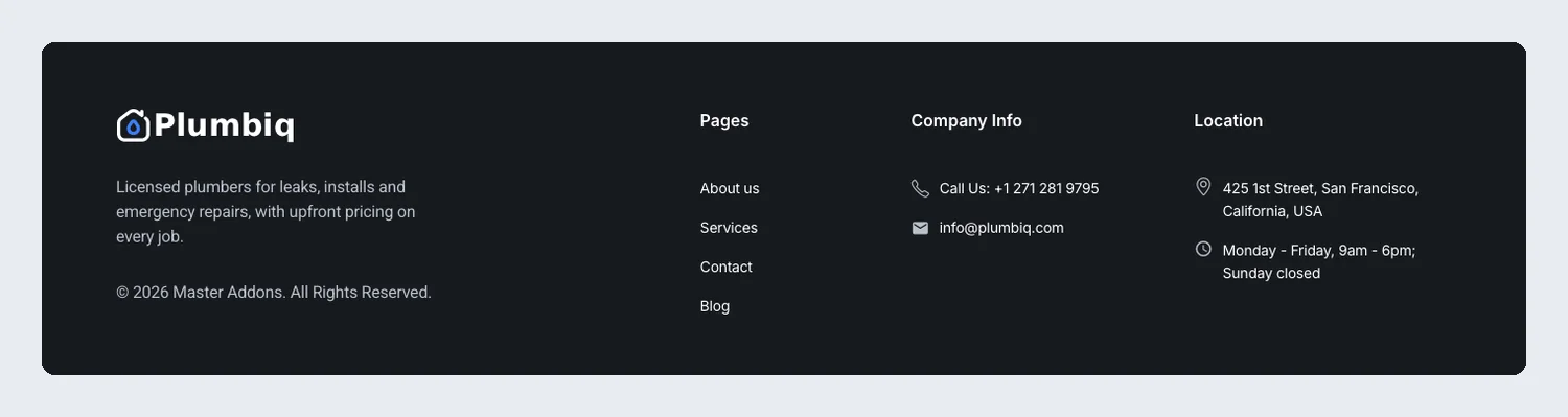 Plumbiq plumbing service Elementor footer template with pages, call and email details, location and hours