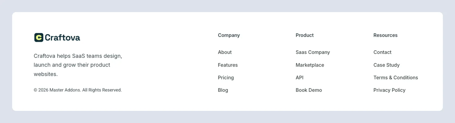 Craftova SaaS Elementor footer template with a brand intro and company, product and resources links