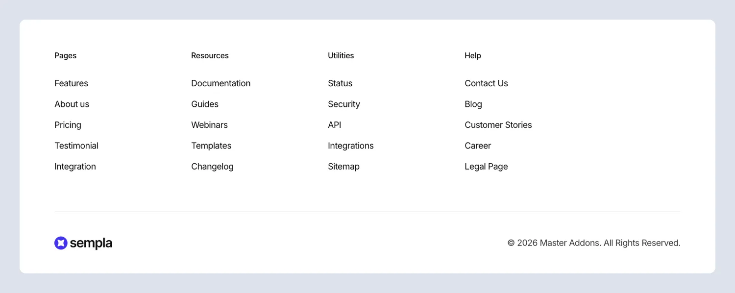 Sempla SaaS Elementor footer template with four link columns and a logo and copyright bottom bar