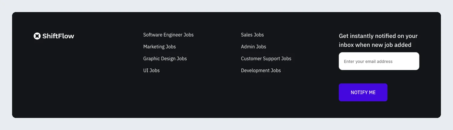 Shiftflow job board Elementor footer template with job category links and a job alert email signup
