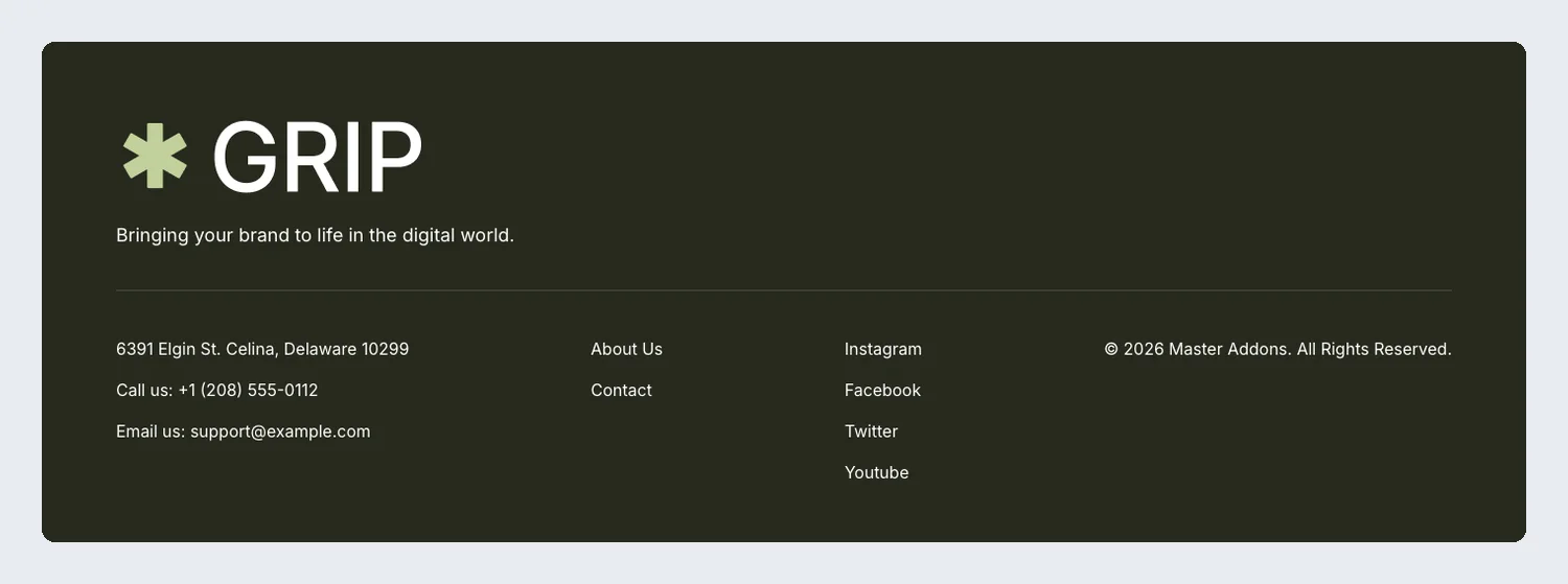 Grip agency Elementor footer template with a large logo, a tagline and address, phone and social links