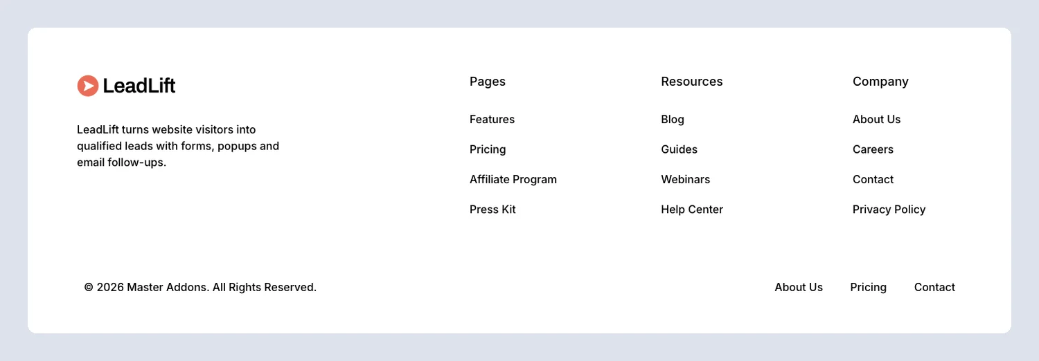 Lead Lift SaaS Elementor footer template with pages, resources and company links and a bottom link bar