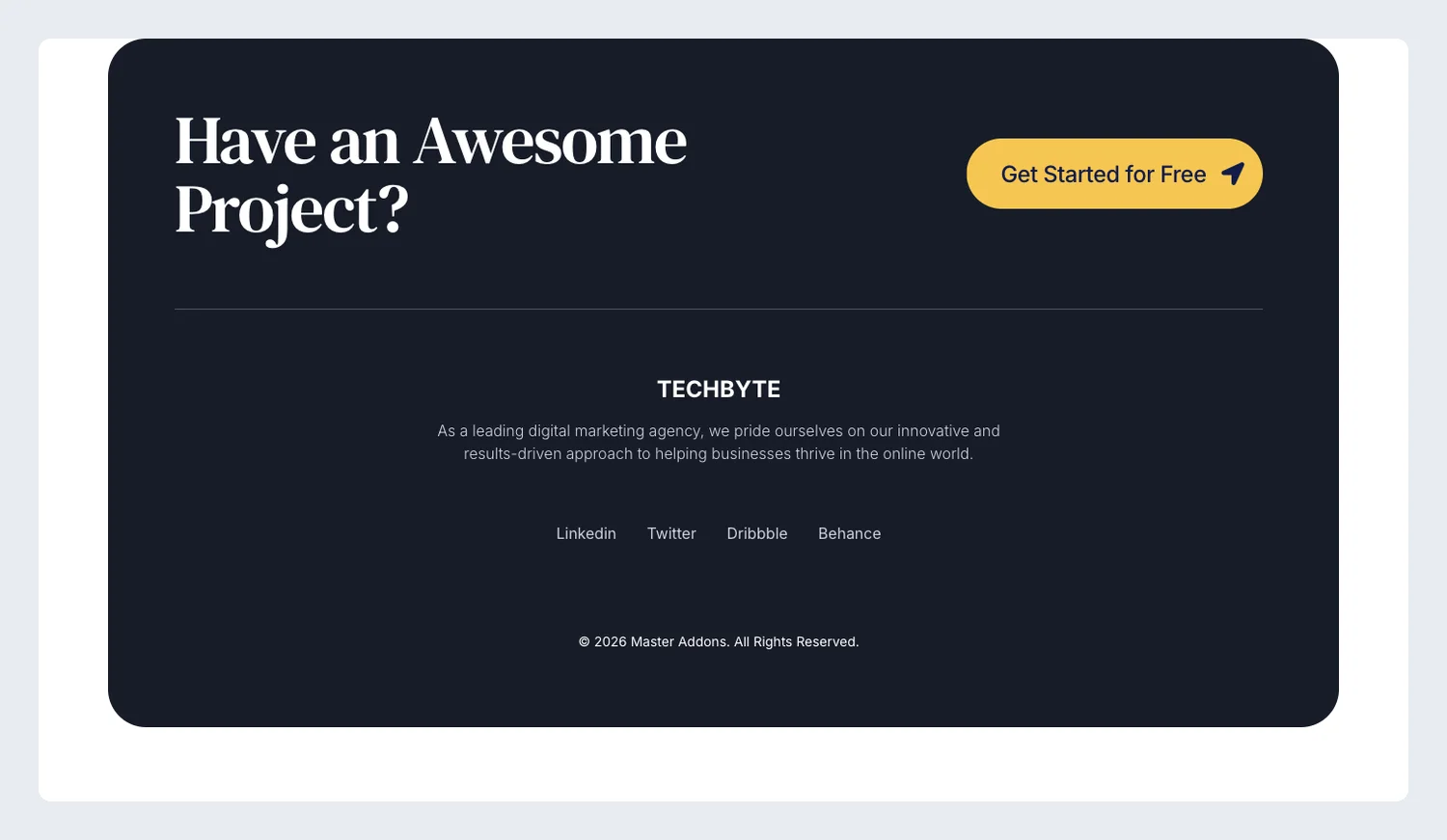 Techbyte agency Elementor footer template with a dark rounded card and a Get Started for Free button