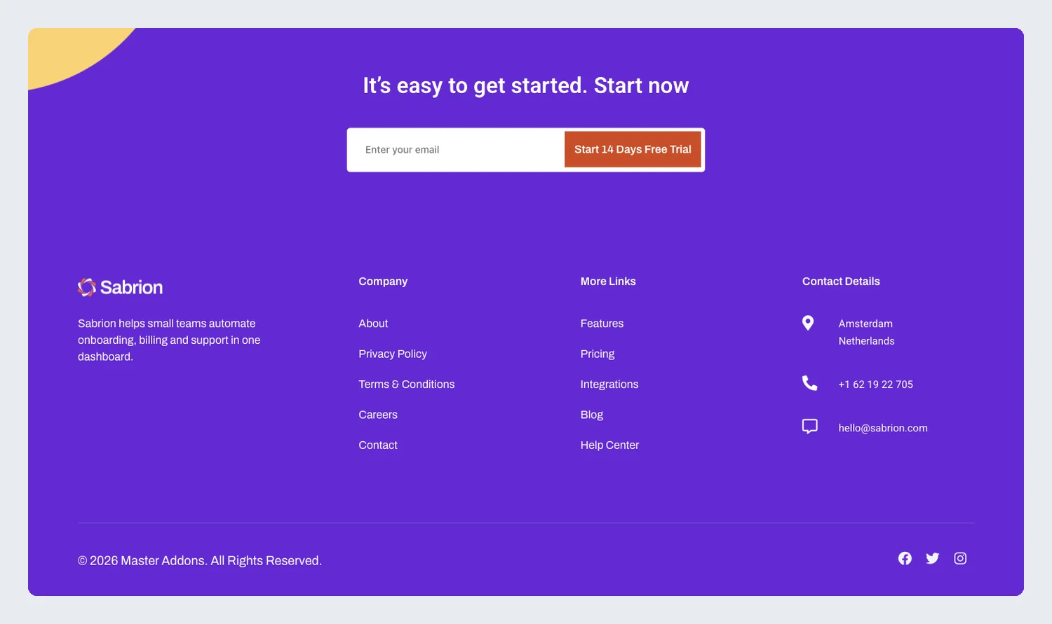 Sabrion SaaS Elementor footer template with an email trial signup, link columns and contact details on purple