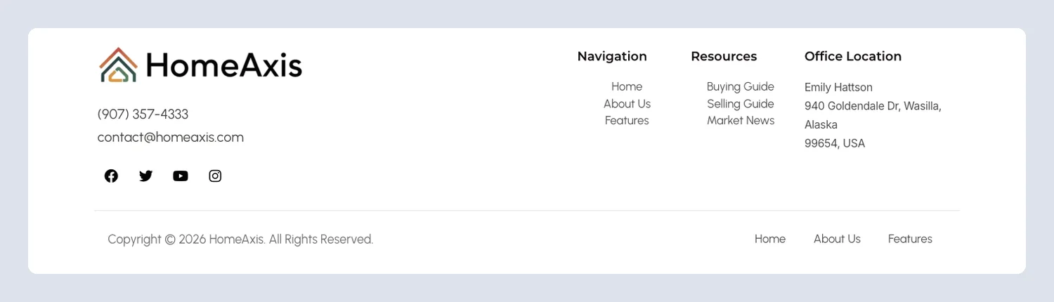 HomeAxis real estate Elementor footer template with contact details, navigation links and office location