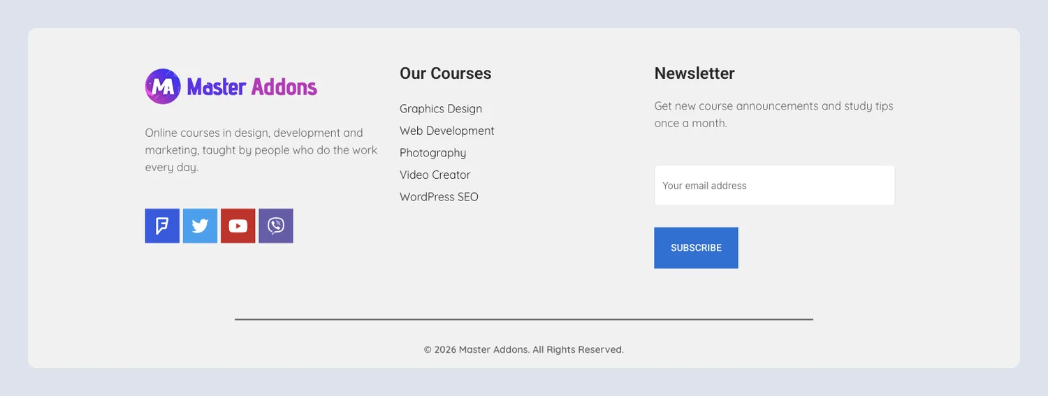 Education Elementor footer template with a courses list, social buttons and a newsletter signup