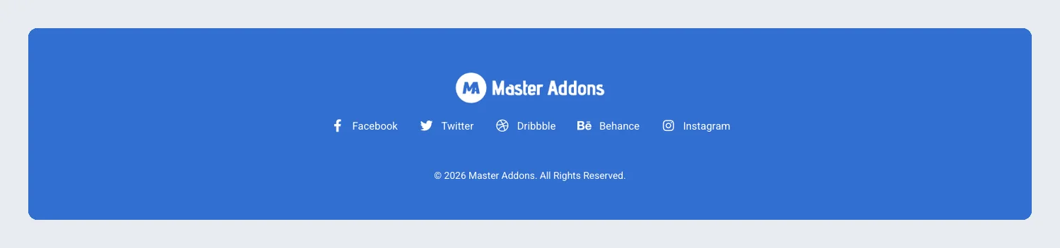 Minimal blue Elementor footer template with a centered logo and labeled Facebook, Twitter, Dribbble, Behance and Instagram links